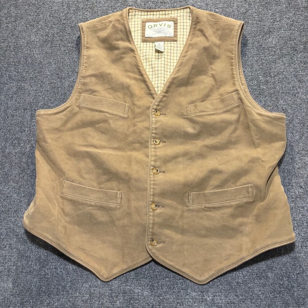 Orvis Sporting Traditions Tan Button Front Vest Steampunk Hunting Mens XL